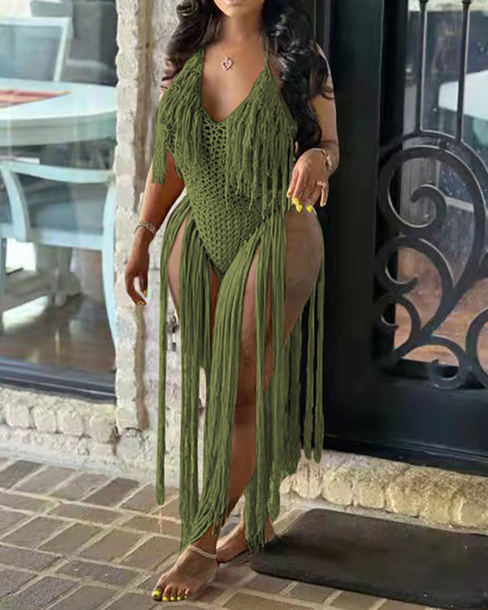 Solid Color Summer Beach Hollow Out Mesh Knit Tassel Rompers White Black Army Green Orange S-2XL