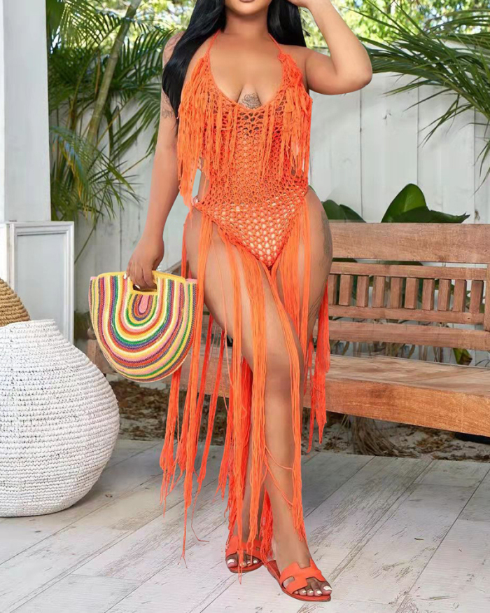 Solid Color Summer Beach Hollow Out Mesh Knit Tassel Rompers White Black Army Green Orange S-2XL