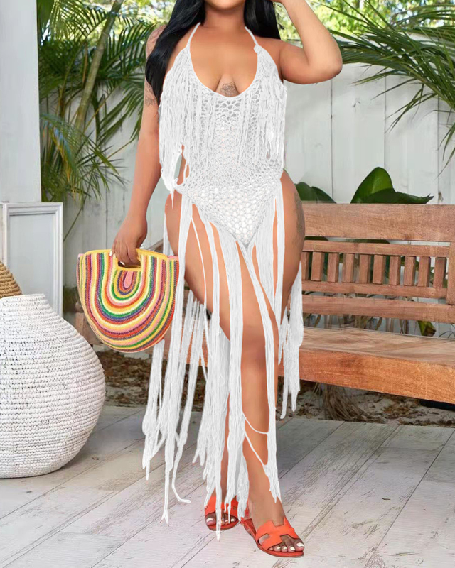 Solid Color Summer Beach Hollow Out Mesh Knit Tassel Rompers White Black Army Green Orange S-2XL