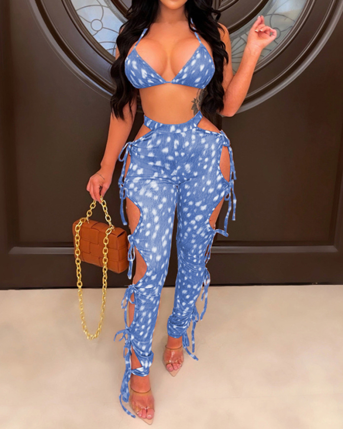 New Women Halter Neck Summer Printed Slit Strappy Hollow Out Pants Sets Two Pieces Outfit Orange Yellow Blue S-2XL