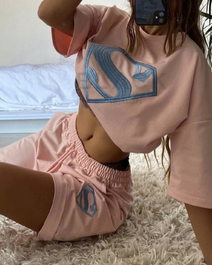 New Woman's Half Sleeve Fashion Embroidered Sports Casual Wear Short Sets Two Pieces Outfit Pink White Black Apricot Blue S-2XL