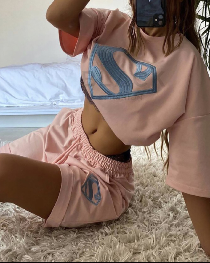 New Woman's Half Sleeve Fashion Embroidered Sports Casual Wear Short Sets Two Pieces Outfit Pink White Black Apricot Blue S-2XL
