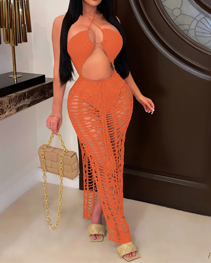 Women Sexy Tassel Hollow Out Backless Knit Side Slit Summer Beach Dresses Khaki Black Orange Apricot Brown S-XL