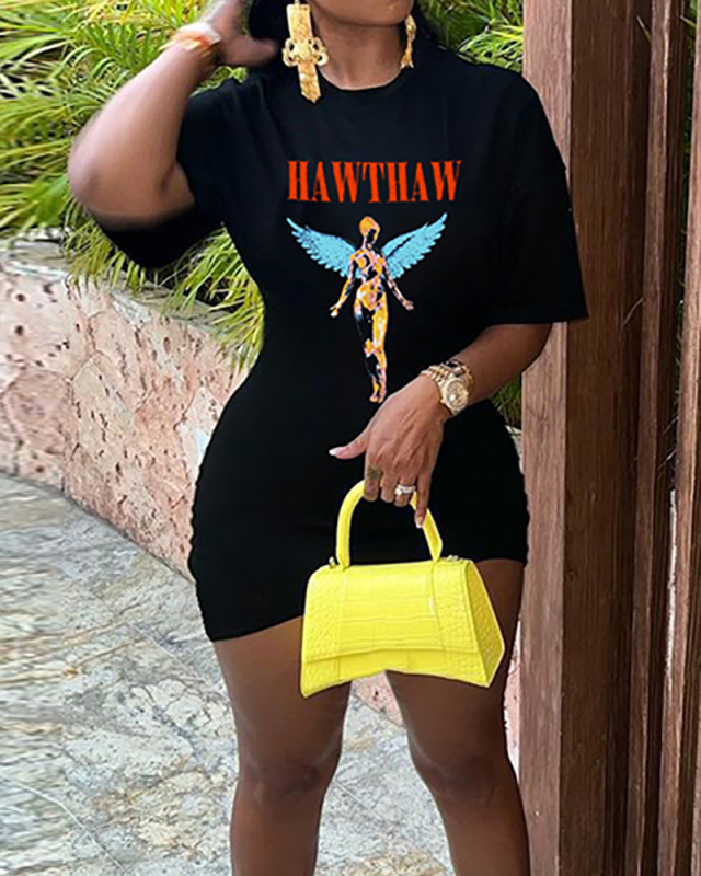 Woman Fashion Printed O Neck Short Sleeve T-shirt Dress Irregular One-piece Dress Black S-L