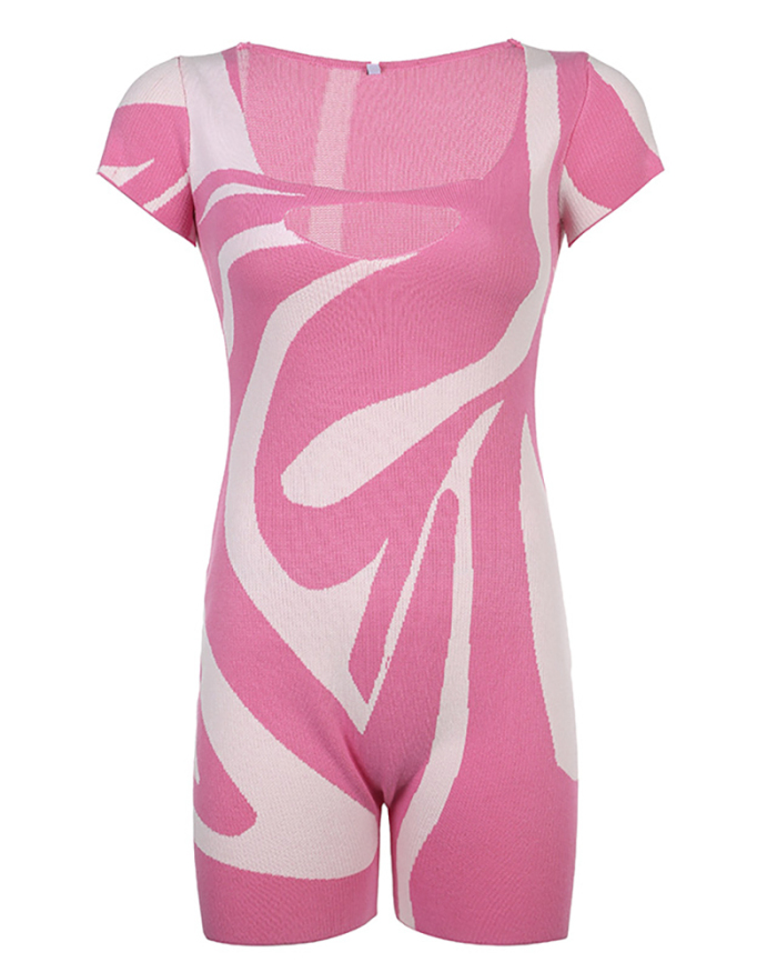 Women Short Sleeve Hollow Out Print Rompers Pink Black S-L
