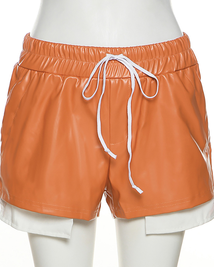 Women Tops Sale Colorblock PU Strappy High Waist Shorts Black Orange White Pink S-L
