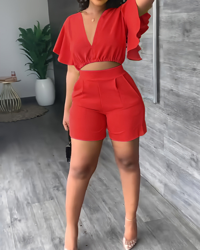Solid Color Fashion Women Short Sleeve V-neck Crop Top Pocket Short Sets Two Pieces Outfit White Yellow Red Black Rosy Orange Blue S-2XL