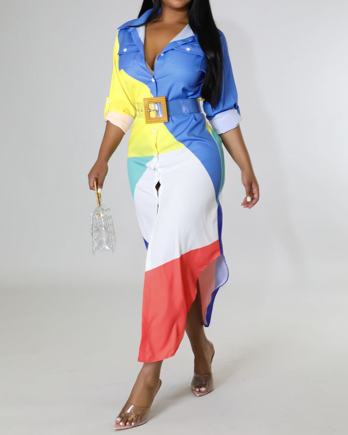Fashion Long Sleeve Lapel Button Colorblock Shirt Dress Casual Dress S-XL