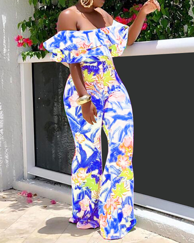 Women Fashion Off Shoulder Florals Wide Leg Jumpsuits White Yellow Green S-2XL