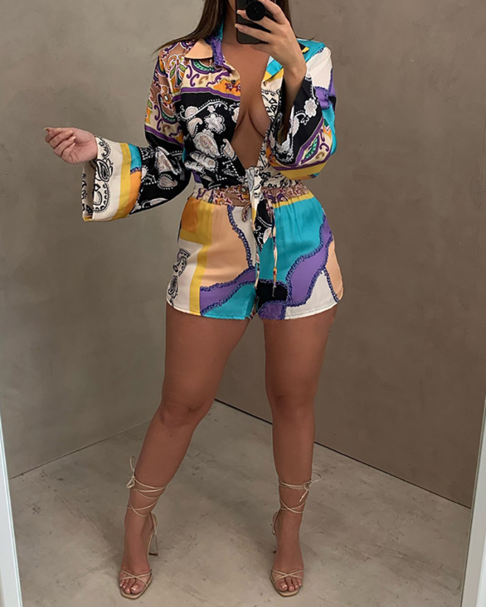 Women Strappy Long Wide Sleeve Fashion Printed Slim Shorts Two Pieces Outfit Short Sets Orange Black Rosy Yellow Pink Blue S-2XL
