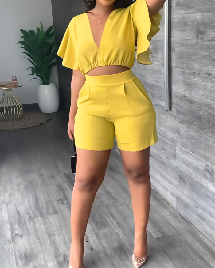 Solid Color Fashion Women Short Sleeve V-neck Crop Top Pocket Short Sets Two Pieces Outfit White Yellow Red Black Rosy Orange Blue S-2XL