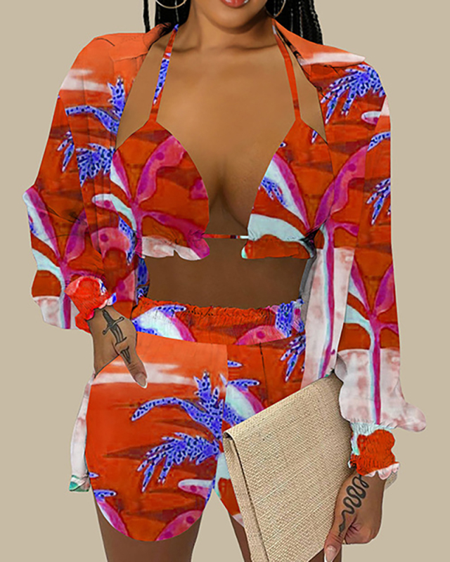 Women Summer Beach Wear Shirt Top Bra & Short Sets Three Pieces Outfit Blue Gold Red S-2XL