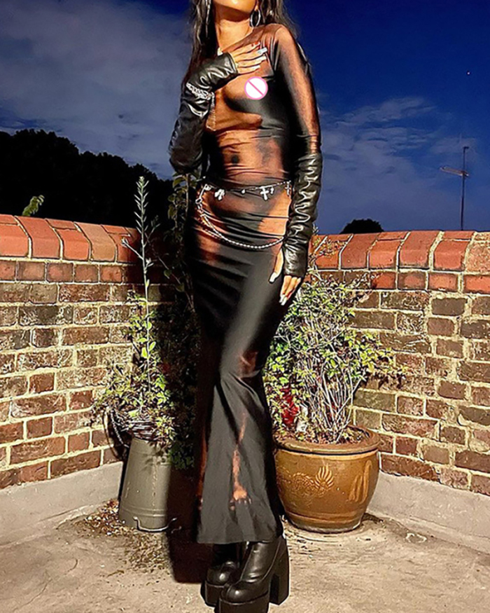 Fashion Long Sleeve 3D Body Printed New High Waist Slim Maxi Dresses Black Flesh S-L