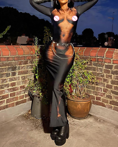 Fashion Long Sleeve 3D Body Printed New High Waist Slim Maxi Dresses Black Flesh S-L
