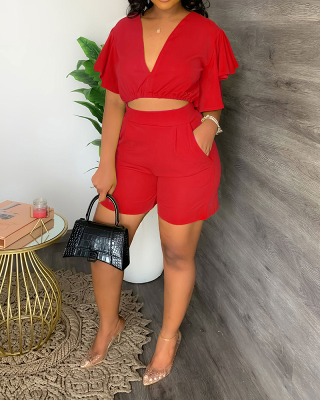 Solid Color Fashion Women Short Sleeve V-neck Crop Top Pocket Short Sets Two Pieces Outfit White Yellow Red Black Rosy Orange Blue S-2XL