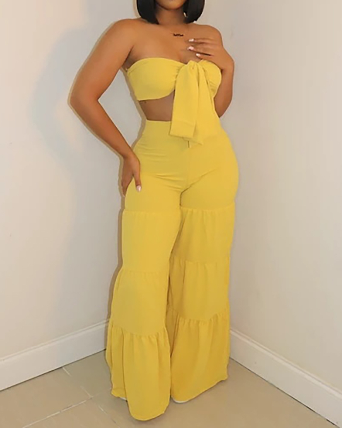 Women Sleeveless Solid Color Wide Leg Pants Sets Two Pieces Outfit Yellow White Black S-2XL