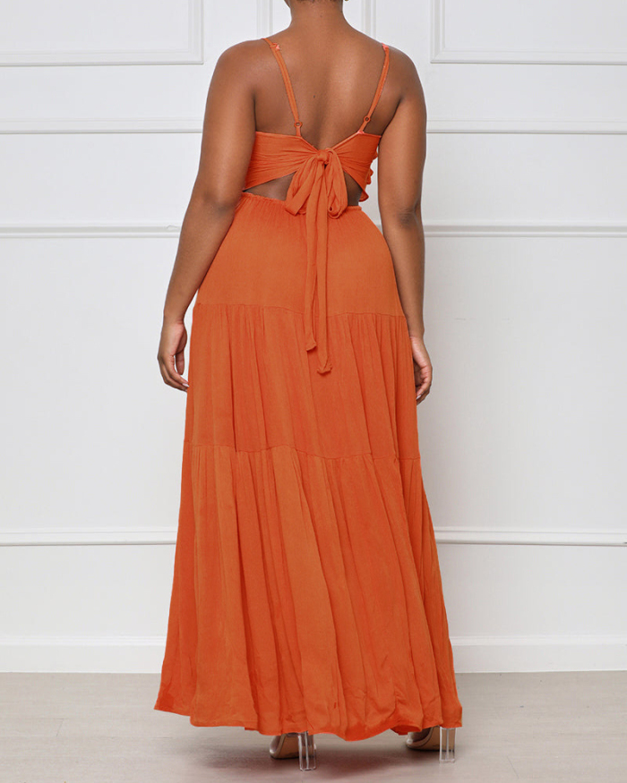 Women Strap Solid Color Ruched Backless Fashion Maxi Dresses Pink Orange Purple Blue S-XL