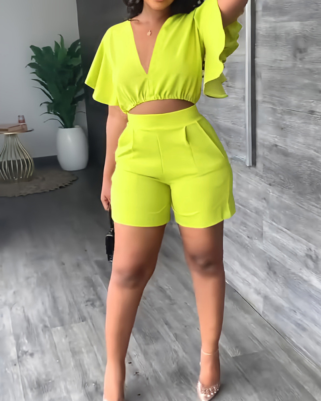 Solid Color Fashion Women Short Sleeve V-neck Crop Top Pocket Short Sets Two Pieces Outfit White Yellow Red Black Rosy Orange Blue S-2XL
