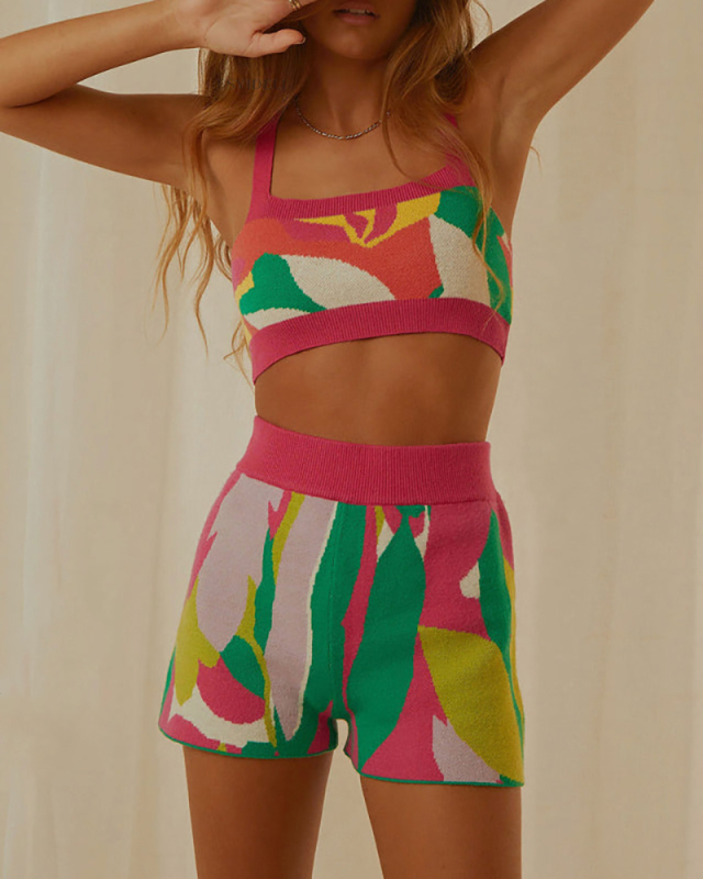 Women Sleeveless High Waist Backless Printed Flower Knit Summer Hot Short Sets Two Pieces Outfit Green Blue Orange Black White Orange Rosy S-L