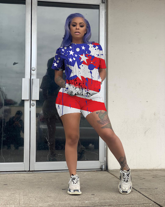 USA Flag Printed Summer Two Piece Set S-3XL