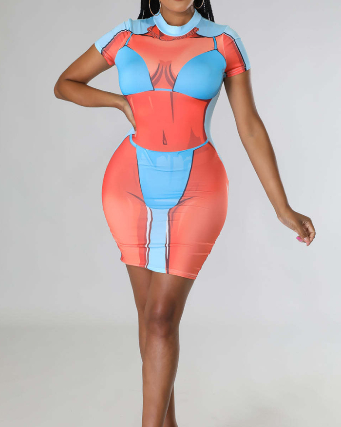 Women Short Sleeve 3D Body Printed Sexy Casual Mini Dresses Red Apricot S-2XL