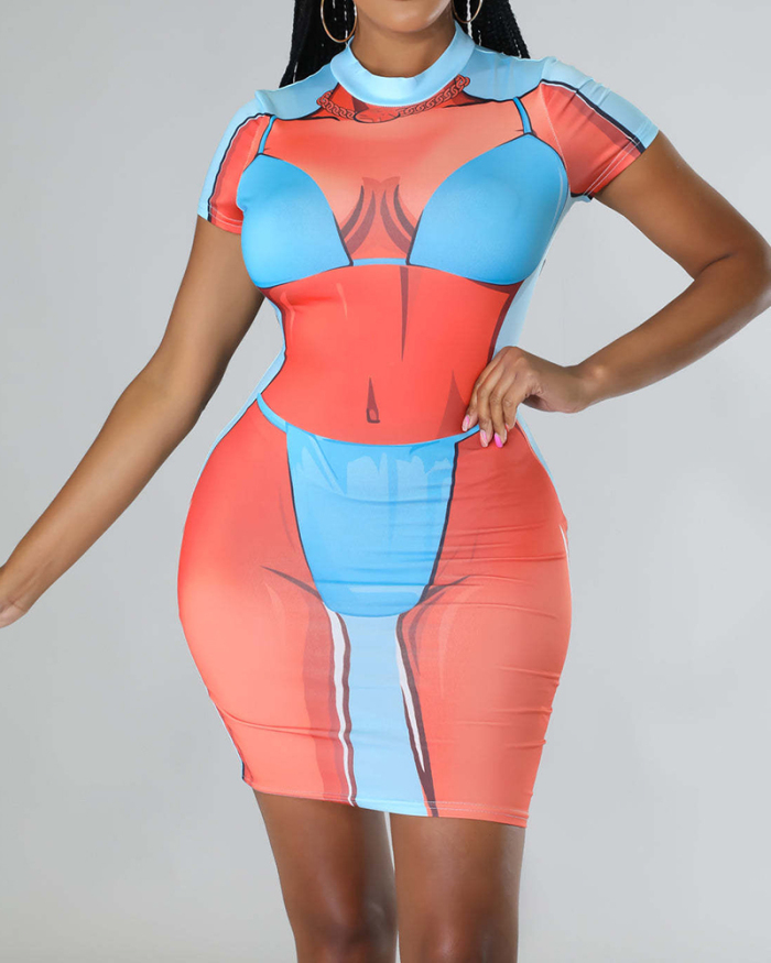 Women Short Sleeve 3D Body Printed Sexy Casual Mini Dresses Red Apricot S-2XL