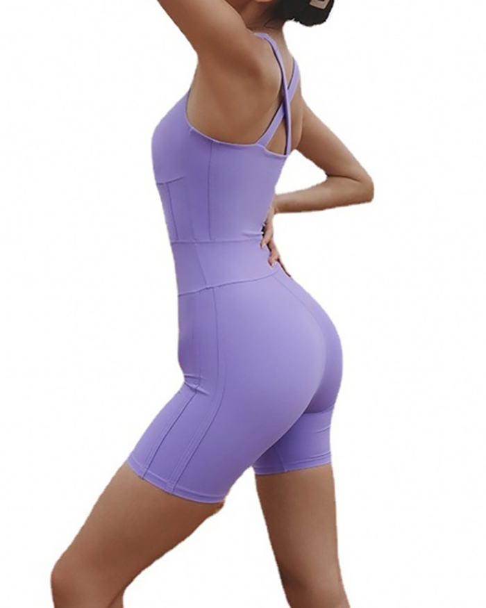 Women Sleeveless Slim Solid Color Sports Suit Yoga Romper Blue Purple Gray S-XL