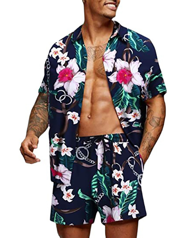 Florals Lapel Summer New Beach Wear Hawaii Style Men's Two Piece Set S-5XL