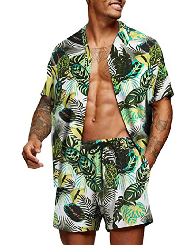 Florals Lapel Summer New Beach Wear Hawaii Style Men's Two Piece Set S-5XL