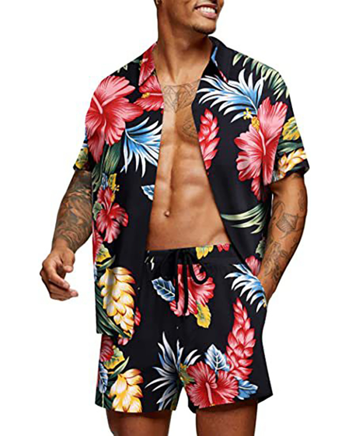 Florals Lapel Summer New Beach Wear Hawaii Style Men's Two Piece Set S-5XL