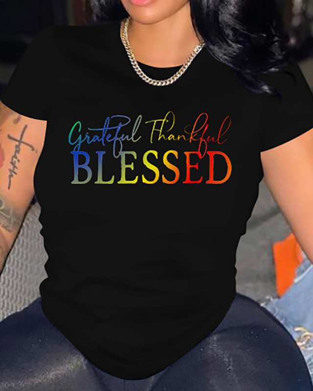 Women Short Sleeve Hot Sale Printed T-shirt Black Gray Red White Orange Navy Blue M-4XL