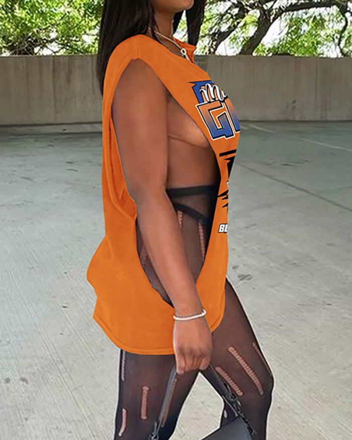 Women Fashion Racing Street Style Printed Tank Tops Orange Khaki S-XL
