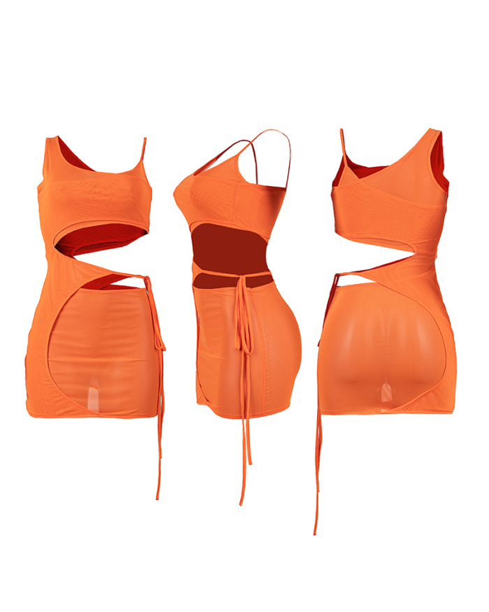 Women Sleeveless Hollow Out Mesh Solid Color Club Wear Mini Casual Dresses Orange Black Brown S-2XL