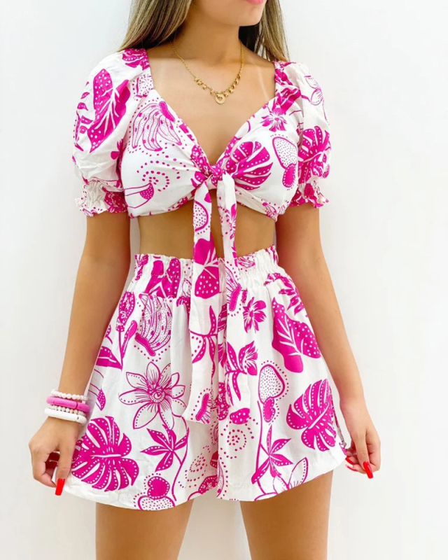 V-neck Wholesale Women Printed Summer Two Piece Short Set S-2XL