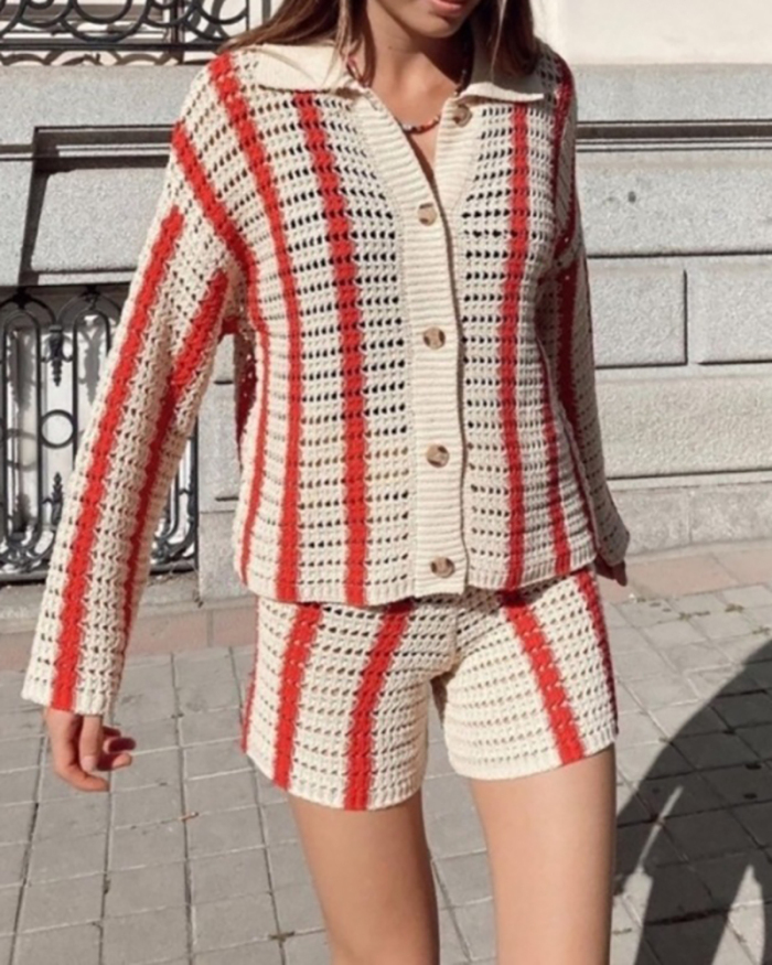 Women Long Sleeve Button Stripe Lapel Cardigan Sweater Short Sets Two Pieces Outfit Red Blue Green Apricot M-2XL
