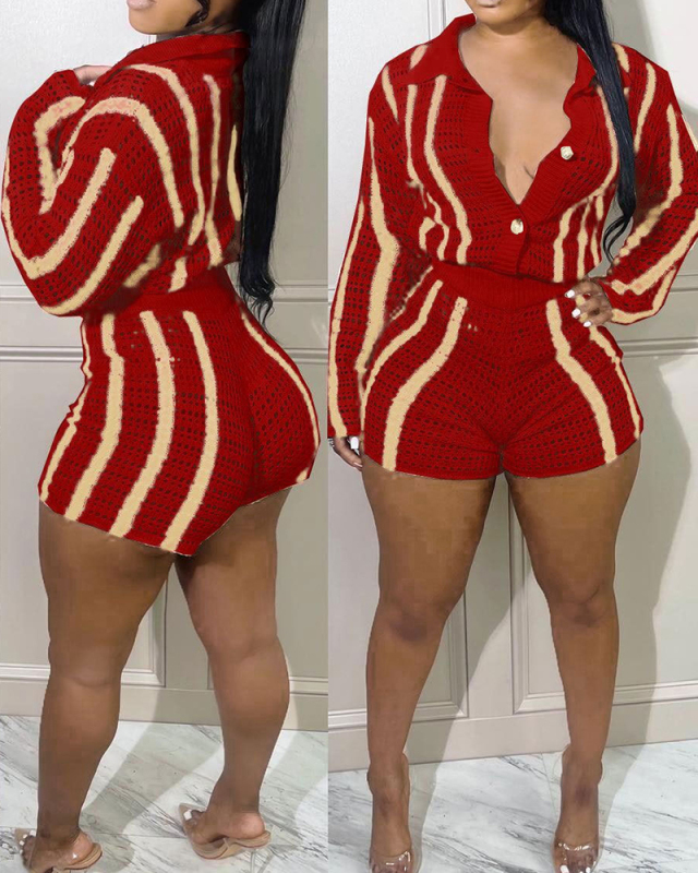 Women Long Sleeve Button Stripe Lapel Cardigan Sweater Short Sets Two Pieces Outfit Red Blue Green Apricot M-2XL