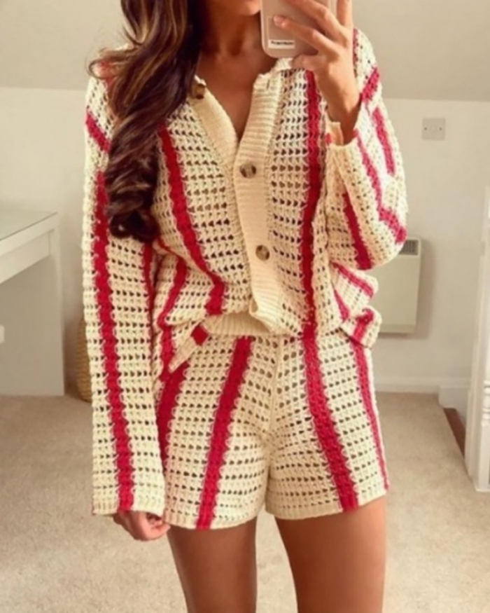 Women Long Sleeve Button Stripe Lapel Cardigan Sweater Short Sets Two Pieces Outfit Red Blue Green Apricot M-2XL