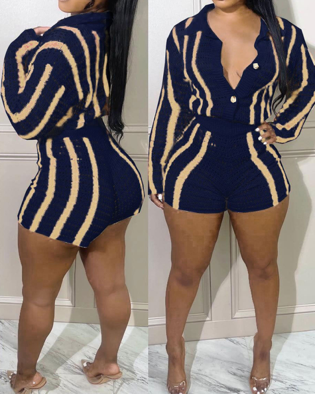 Women Long Sleeve Button Stripe Lapel Cardigan Sweater Short Sets Two Pieces Outfit Red Blue Green Apricot M-2XL