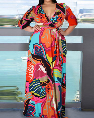 New Fashion Printed V-neck Maxi Summer Plus Size Dresses Rosy 2XL-5XL