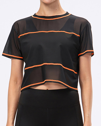 Women Loose Mesh Short Sleeve Stripe Sports Top Quick Dry Top Yoga T-Shirts Black Green Orange S-XL