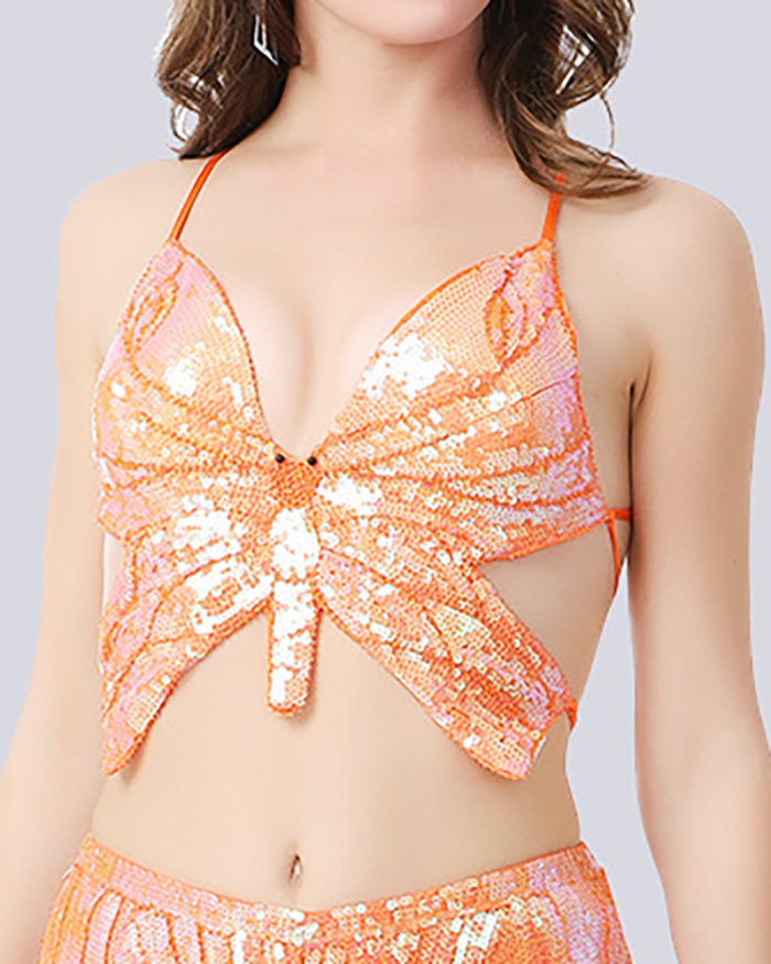 Women Backless Butterfly Colorful Sexy Sequin Short Sets Two Pieces Outfit S-XL