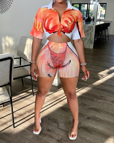 Women Short Sleeve 3D Body Printed Short Sets Two Pieces Outfit Orange S-2XL