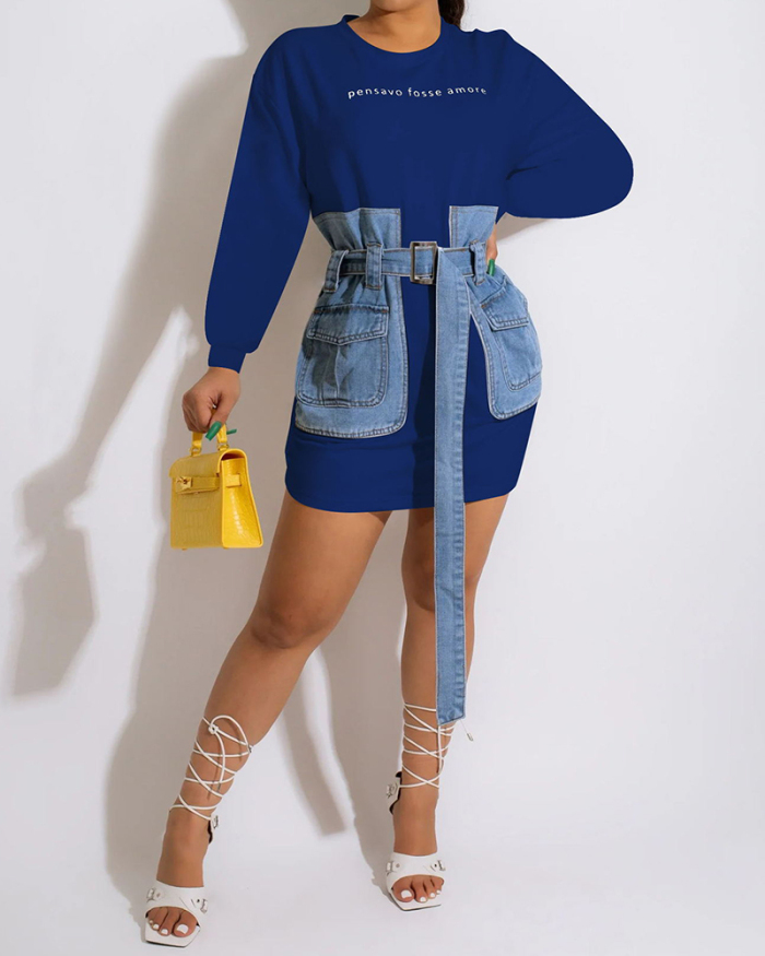 Women Long Sleeve O Neck Jean Waist Casual Mini Dresses Royal Blue Black Army Green Rosy Red White S-2XL