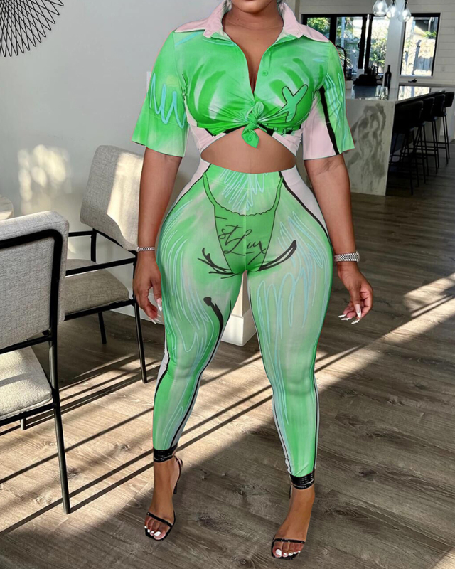 Women Short Sleeve Lapel 3D Printed Sexy Pants Sets Two Pieces Outfit Orange Purple Green S-2XL