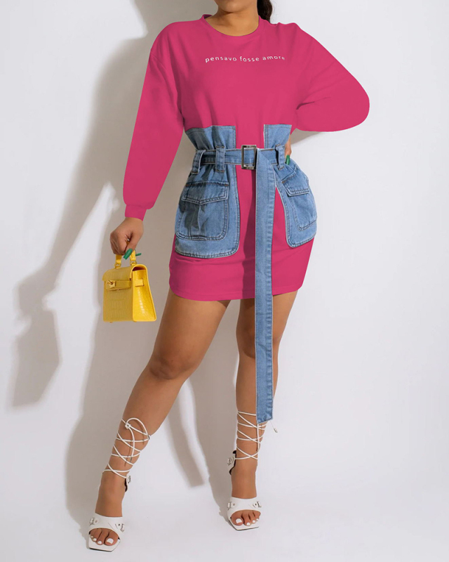 Women Long Sleeve O Neck Jean Waist Casual Mini Dresses Royal Blue Black Army Green Rosy Red White S-2XL