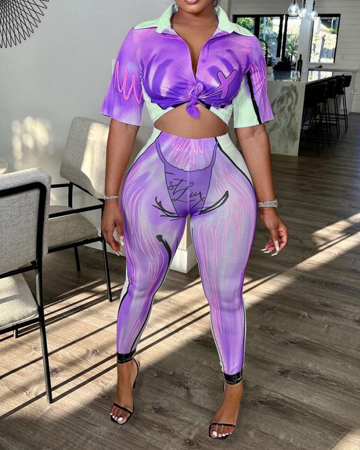 Women Short Sleeve Lapel 3D Printed Sexy Pants Sets Two Pieces Outfit Orange Purple Green S-2XL