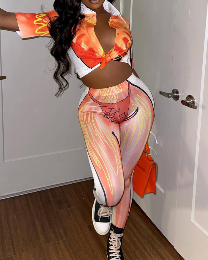 Women Short Sleeve Lapel 3D Printed Sexy Pants Sets Two Pieces Outfit Orange Purple Green S-2XL