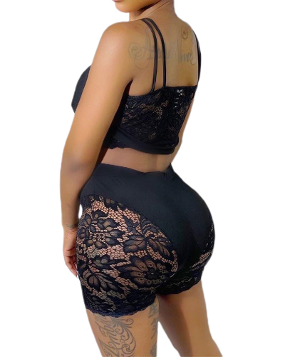 Women Sleeveless Lace Patchwork Short Sets Two Pieces Outfit Black S-2XL