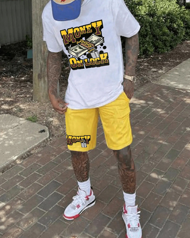 Fashion Summer Men's Short Sleeve Printed Casual Short Sets Two Pieces Outfit Yellow S-3XL