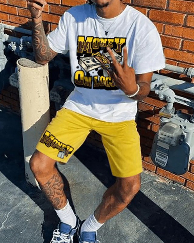 Fashion Summer Men's Short Sleeve Printed Casual Short Sets Two Pieces Outfit Yellow S-3XL
